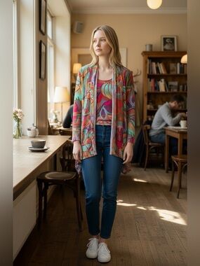 CLARA SUN WOO Knit Multicolor Abstract Print Open Cardigan with matching tank, M